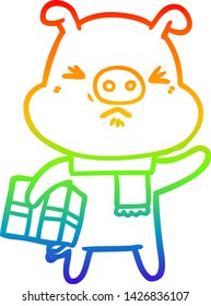 rainbow gradient line drawing of a cartoon angry pig with christmas present
