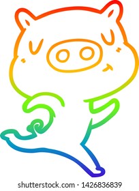 rainbow gradient line drawing of a cartoon content pig running