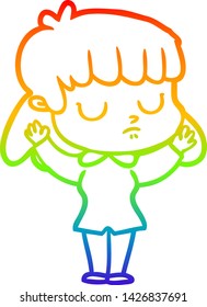 rainbow gradient line drawing of a cartoon indifferent woman