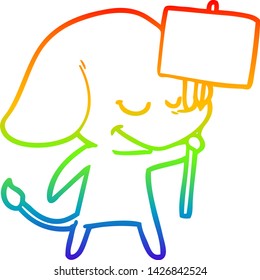 rainbow gradient line drawing of a cartoon smiling elephant with placard