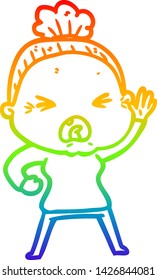 rainbow gradient line drawing of a cartoon angry old woman