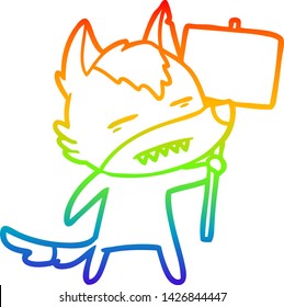 rainbow gradient line drawing of a cartoon wolf with sign post showing teeth