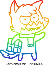 rainbow gradient line drawing of a cartoon grinning fox with christmas present