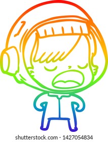 rainbow gradient line drawing of a cartoon talking astronaut woman