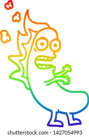 rainbow gradient line drawing of a cartoon flaming hotdog