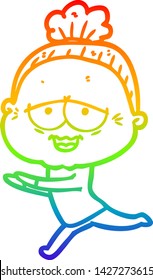 rainbow gradient line drawing of a cartoon happy old lady