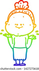 rainbow gradient line drawing of a cartoon happy old woman