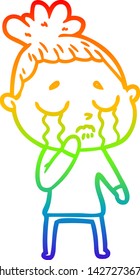 rainbow gradient line drawing of a cartoon crying woman