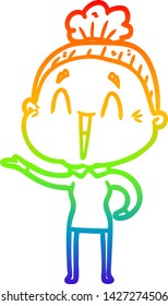 rainbow gradient line drawing of a cartoon happy old lady