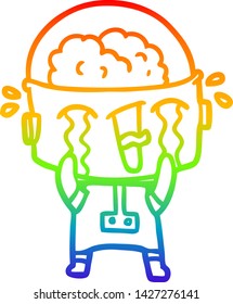 dibujo de una línea de gradiente de arco iris de un robot llorando una caricatura