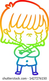 rainbow gradient line drawing of a cartoon woman crying