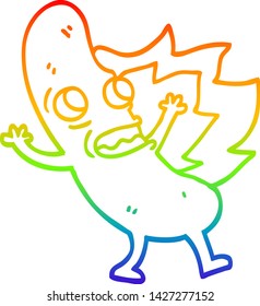 rainbow gradient line drawing of a cartoon flaming hotdog