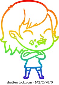 Regenbogen-Farbverlauf-Linie Zeichnung eines Cartoon Vampir Mädchen mit Blut auf Wange