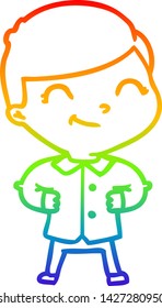 desenho de linha de gradiente do arco-íris de um menino de desenho animado com as mãos nos quadris