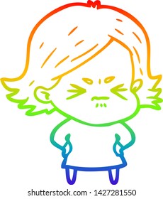 rainbow gradient line drawing of a cartoon angry girl