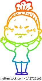 rainbow gradient line drawing of a cartoon annoyed old lady