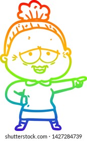 rainbow gradient line drawing of a cartoon happy old lady