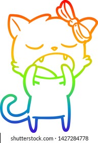 rainbow gradient line drawing of a cartoon yawning cat