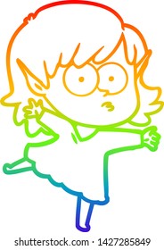 dibujo de la línea del gradiente del arcoiris de una joven elfo de dibujos animados mirando