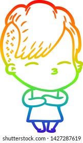 rainbow gradient line drawing of a cartoon squinting girl