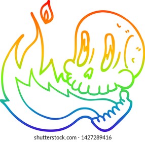 dibujo de línea de gradiente de arco iris de una calavera inflamatoria de dibujos animados