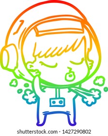 rainbow gradient line drawing of a cartoon pretty astronaut girl taking off space helmet