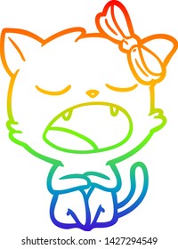 dibujo de una línea de gradiente de arco iris de un gato bostezador de dibujos animados
