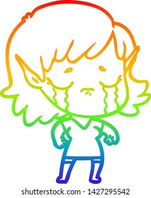 rainbow gradient line drawing of a cartoon crying elf girl