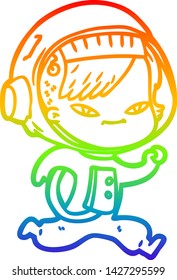 rainbow gradient line drawing of a cartoon astronaut woman