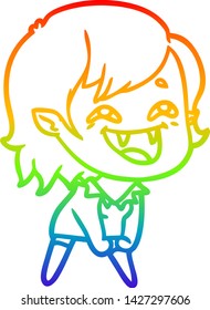 rainbow gradient line drawing of a cartoon laughing vampire girl