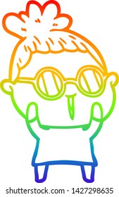 Regenbogen-Farbverlauf-Linie Zeichnung einer Cartoon-Frau mit Brille