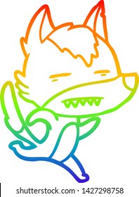 rainbow gradient line drawing of a cartoon wolf running showing teeth