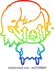 rainbow gradient line drawing of a cartoon crying vampire girl