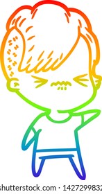 rainbow gradient line drawing of a cartoon annoyed hipster girl