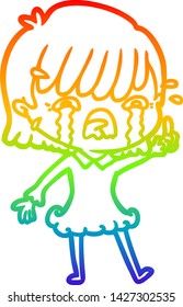 desenho de linha de gradiente arco-íris de uma menina de desenho animado chorando