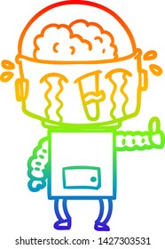 Regenbogen-Farbverlauf-Linie Zeichnung eines Cartoon weinenden Roboters Geste