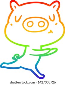 rainbow gradient line drawing of a cartoon content pig running