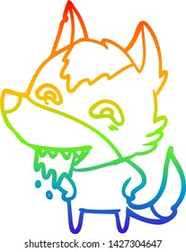 dibujo de una línea de degradado de arco iris de un lobo hambriento de dibujos animados