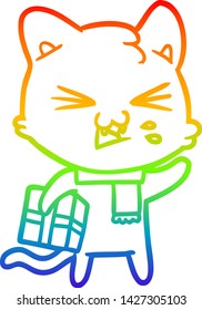 rainbow gradient line drawing of a cartoon cat hissing