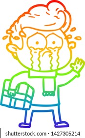 rainbow gradient line drawing of a cartoon crying man with present