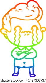 dibujo de una línea de gradiente de arco iris de un hombre de dibujos animados llorando
