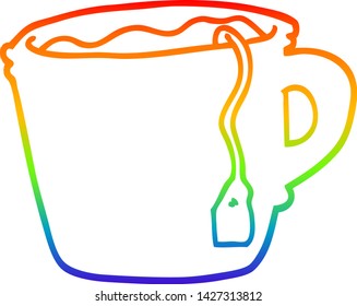 rainbow gradient line drawing of a cartoon hot cup of tea