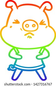 rainbow gradient line drawing of a cartoon angry pig wearing tee shirt