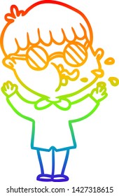 Regenbogen-Farbverlauf-Linie Zeichnung eines Cartoon-Jungen mit Brille