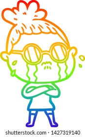 rainbow gradient line drawing of a cartoon crying woman wearing spectacles