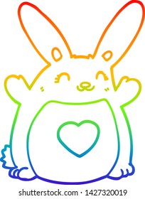 dibujo de una línea de degradado de arco iris de un conejo de dibujos animados con corazón amoroso