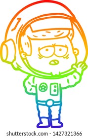 rainbow gradient line drawing of a cartoon tired astronaut