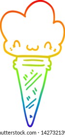 rainbow gradient line drawing of a cartoon ice cream with face