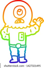 desenho de linha de gradiente do arco-íris de um desenho animado ciclopes alienígena espaçonave