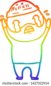 rainbow gradient line drawing of a cartoon bearded man crying